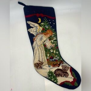 Vtg Angel Christmas Wool Needlepoint Stocking Finished Blue